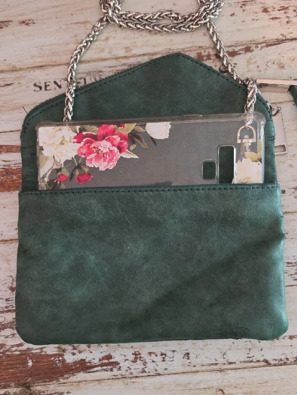 Free People Green Suede Envelope with Chain